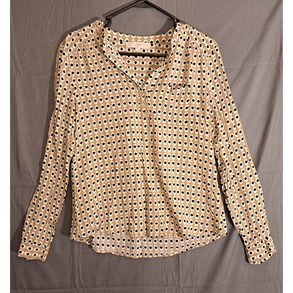 Loft Geometric Pattern‎ Blouse Women's Size Medium Tan White Black